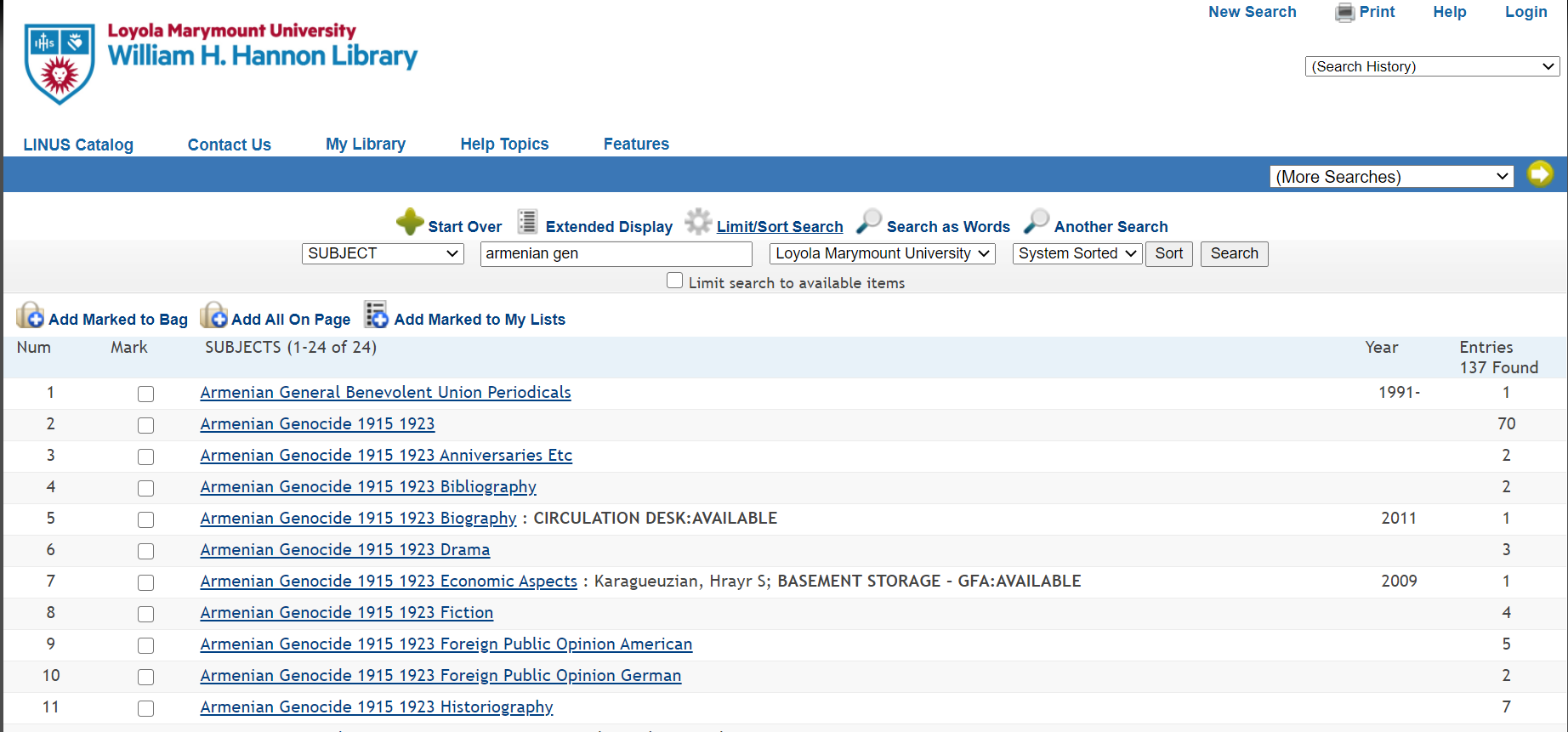 Changing Subject Headings in LINUS "Armenian genocide" and